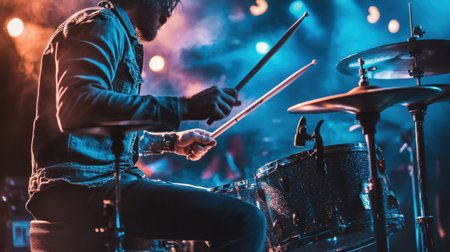 Intense stage performance by a drummer, vivid lighting from behind adding to the dramatic feel of the music.の素材