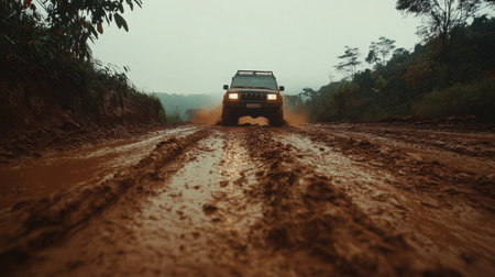 Off-road vehicle driving through thick mud on a remote village road, highlighting the rugged journey ahead.の素材