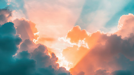 Radiant sunbeams streaming through the fluffy layers of cumulus clouds, illuminating the sky with vibrant light.の素材