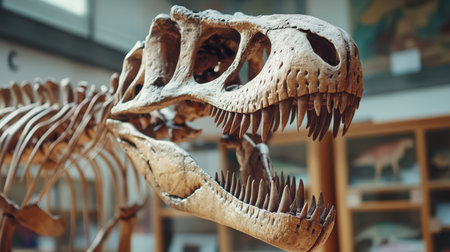 Museum exhibit featuring a detailed T. rex skeleton, massive bones and teeth on full display, iconic of the dinosaur era.の素材