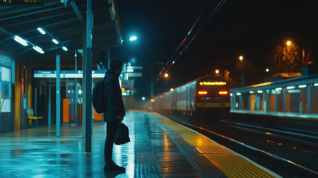 One commuter waits for the train under the bright lights of a station at night, the stillness capturing the feeling of quiet anticipation.の素材