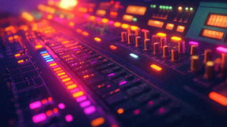 Vibrant studio scene featuring a colorful audio mixing board, buttons and sliders glowing with studio lights.の素材