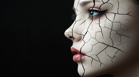 Woman's face depicted with an intricate cracked texture on a black background, evoking themes of vulnerability and strength.の素材