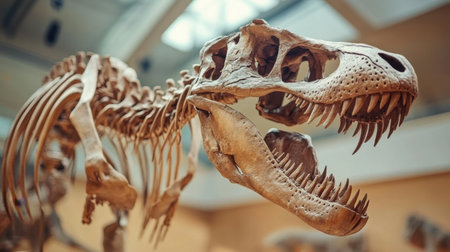 Tyrannosaurus rex skeleton exhibit in a museum, showcasing the fossilized remains of the legendary dinosaur in detailの素材