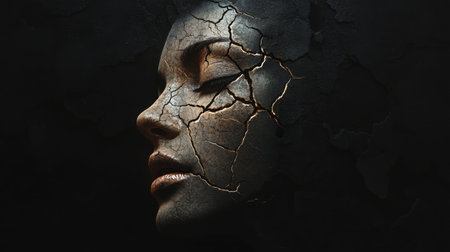 Woman's face depicted with an intricate cracked texture on a black background, evoking themes of vulnerability and strength.の素材