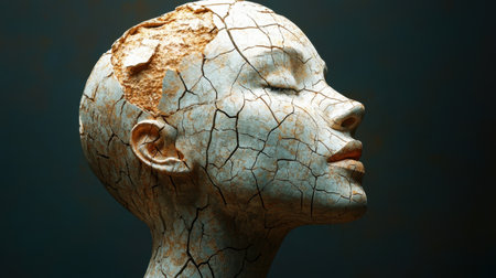 Woman head with a cracked texture effect, symbolizing the complex and fragile nature of the human psyche, on a dark background.の素材