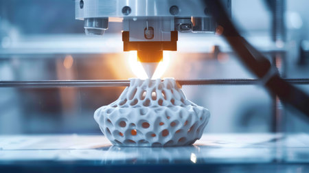 Close-up of a 3D printer creating a modelの素材