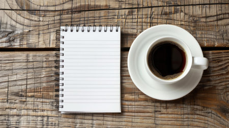 Blank notepad on a wooden desk with a cup of coffeeの素材
