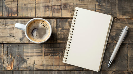Blank notepad on a wooden desk with a cup of coffeeの素材