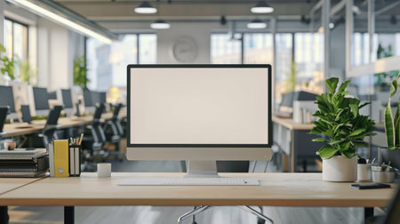 Clean desk with a blank computer screen in a corporate officeの素材