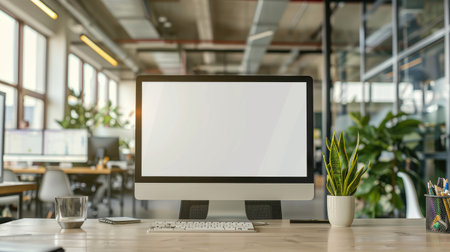 Clean desk with a blank computer screen in a corporate officeの素材