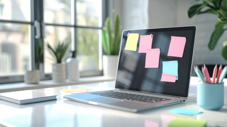 Blank sticky notes on a laptop in a modern officeの素材