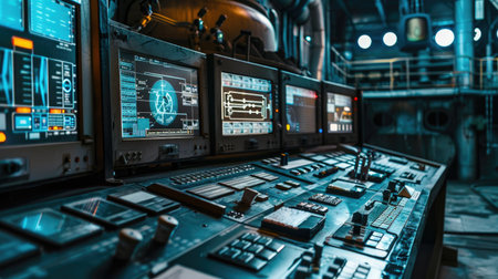 Control room with monitors and industrial controlsの素材