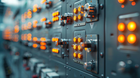 Close-up of industrial control panels and switchesの素材
