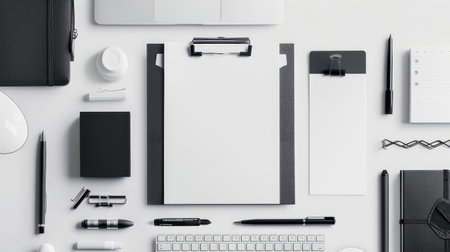 Flat lay of business stationery on a white deskの素材