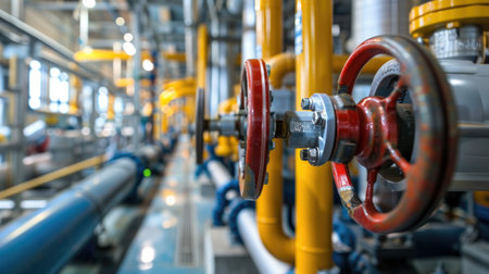 Industrial pipes and valves in a power plantの素材