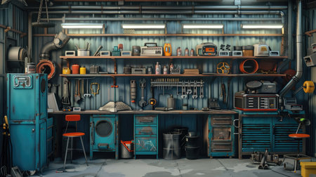Industrial workshop with tools and equipmentの素材