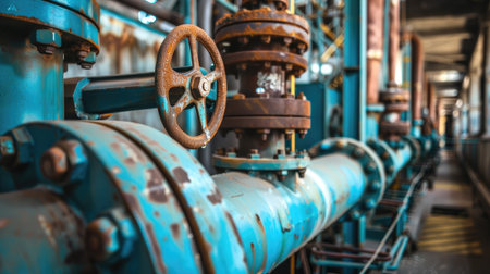 Industrial pipes and valves in a power plantの素材