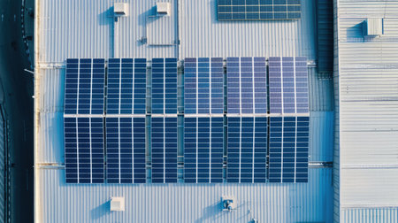 Solar panels on the roof of an industrial buildingの素材