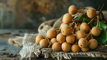 A bunch of ripe longan on a rustic tableの素材