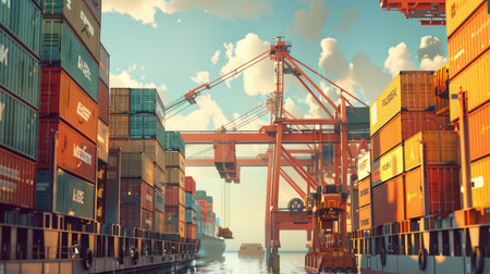 Large cranes loading shipping containers on a shipの素材