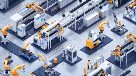 Modern factory floor with automated machinery and roboticsの素材