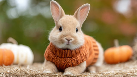 This charming image features a fluffy bunny dressed in a cozy knitted orange sweater, lounging on hay with pumpkins, capturing the essence of autumn and warmth.の素材