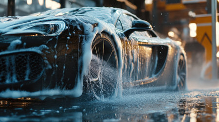 Auto detailing in action, car drenched in foamy soap and water jets spraying, creating dynamic water movement.の素材