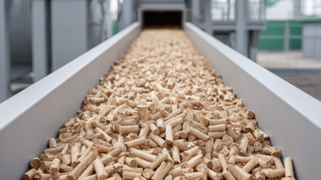 This image showcases a conveyor system efficiently transporting wood biomass towards a pyrolysis unit in an industrial setting, highlighting modern energy solutions.の素材