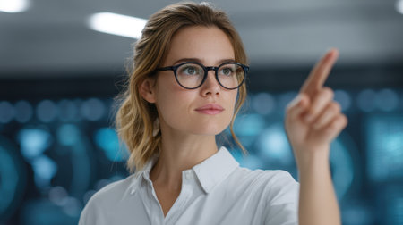 A woman engages with an advanced touchscreen interface in a sleek, futuristic workspace, embodying innovation and technology in a high-tech environment.の素材