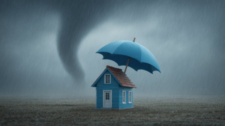 A striking image of a small blue house sheltered under a vibrant umbrella during a fierce storm, showcasing a swirling tornado amidst heavy rain and dark clouds.の素材