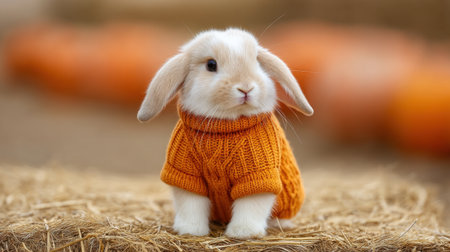 An endearing fluffy bunny wearing a cozy orange knitted sweater sits on a bed of straw, exuding warmth and charm in a tranquil setting perfect for seasonal themes.の素材
