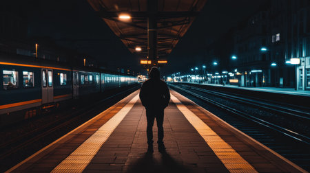A solitary figure stands at a brightly lit train platform at night, the quiet city in the background adding to the sense of anticipation.の素材