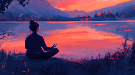 A woman meditating in front of a calm lake at sunset, the warm light and still water creating a peaceful scene.の素材