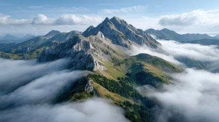 Discover a breathtaking view of rugged mountains rising above rolling clouds under a clear sky, embodying the essence of natural beauty in this peaceful landscape.の素材