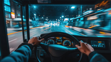 Close-up of bus driver's hands gripping steering wheel, dashboard details in view, while driving a modern passenger bus.の素材