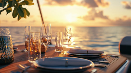 Intimate table setup on a yacht deck at sunset, with the golden sky and calm ocean in the background.の素材