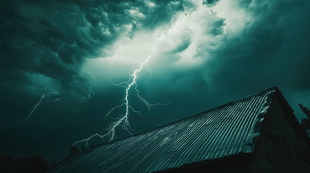 Dark sky lit by powerful lightning striking above a metal rooftop, creating a dramatic scene during a storm.の素材