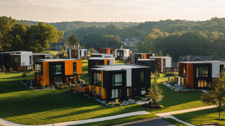 Cluster of sleek modular homes in a suburban neighborhood, featuring bold geometric design and eco-friendly materialsの素材