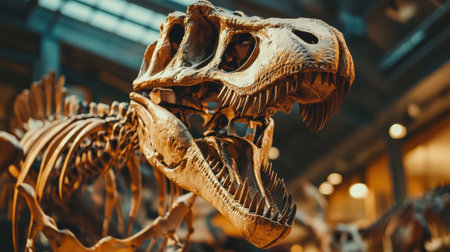 Tyrannosaurus rex skeleton exhibit in a museum, showcasing the fossilized remains of the legendary dinosaur in detailの素材
