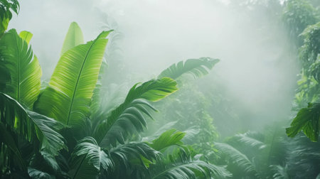 Foggy morning in a tropical jungle, mist swirling around thick green foliage, creating a dreamy and peaceful natural scene.の素材