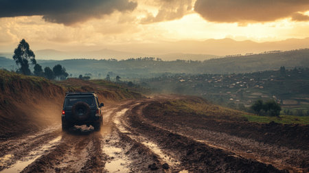 Off-road expedition driving through muddy trails, heading toward a remote village in the distance, rugged action shotの素材