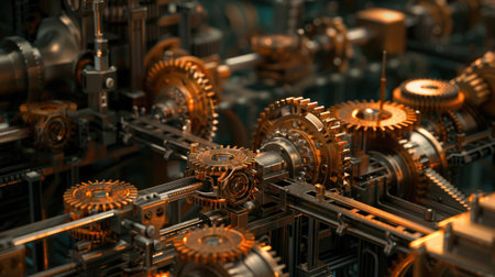 Close-up of metal gears and cogs in a mechanical systemの素材