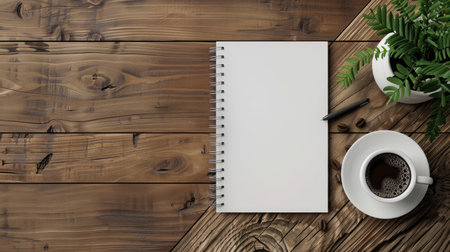 Minimalist office desk with a blank notebook and coffee -の素材
