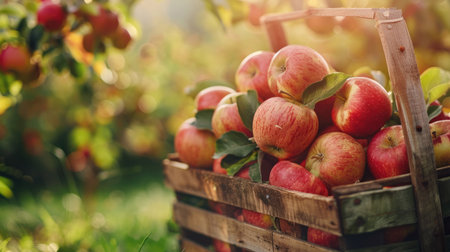 Freshly picked apples in a wooden basket in an orchardの素材