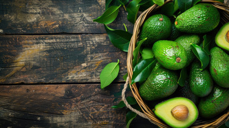 Freshly picked avocados in a basket on a wooden tableの素材