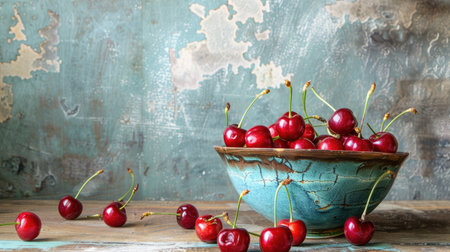 Fresh cherries in a bowl with a rustic wooden tableの素材