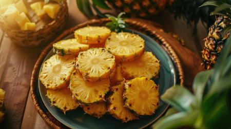 Fresh pineapple slices arranged on a plateの素材