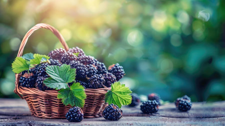 Freshly picked blackberries in a basket on a wooden tableの素材