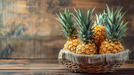 Freshly picked pineapples in a basket on a wooden tableの素材